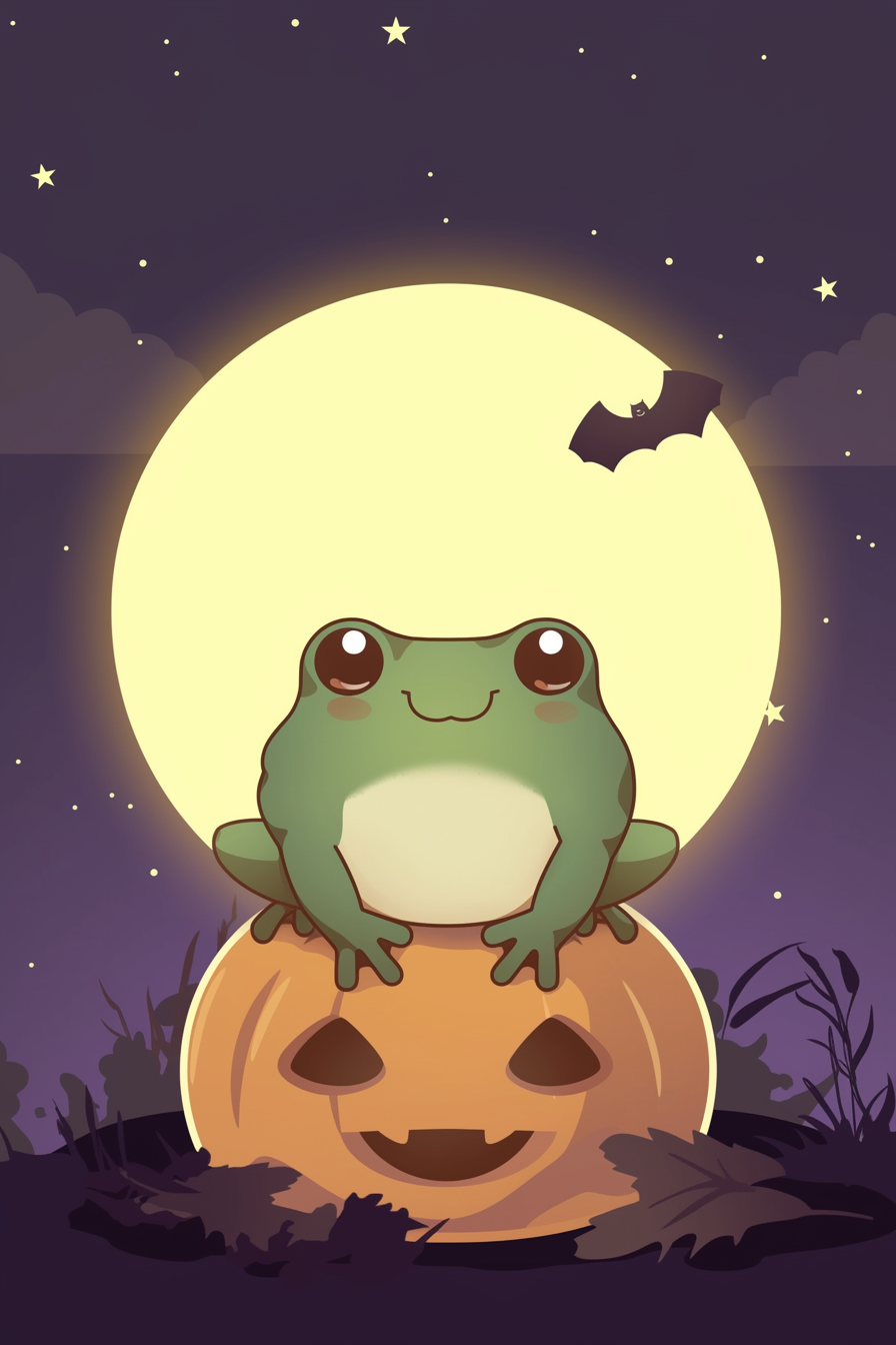 halloween frog drawing ideas 2 featuring a cute frog sitting atop a jack-o'-lantern with a glowing full moon in the background and a bat flying across the night sky.